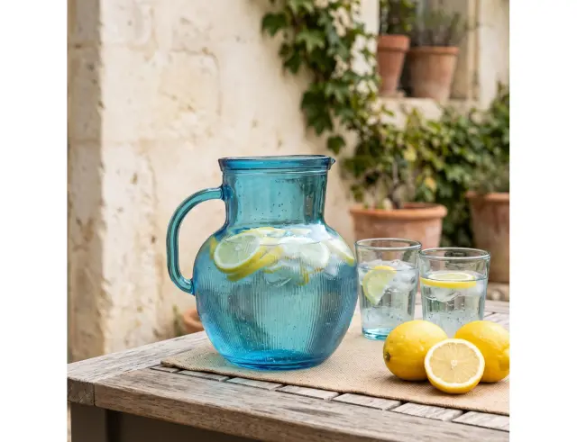 Κανάτα με χερούλι Glass Drops Ribbed (3198DB09) Από ανακυκλωμένο γυαλί, Χωρητικότητας 2.3L, Διαστάσεων Ø 20 x Υ 20 cm, Aqua Blue 3198DB09