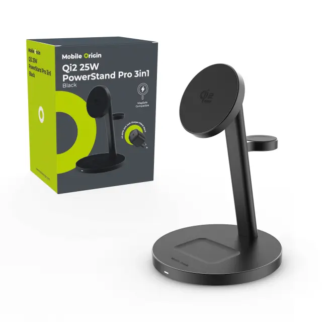 Mobile Origin Qi2 25W PowerStand Pro 3in1 with 40-60W AVS GaN Charger PW40 Black