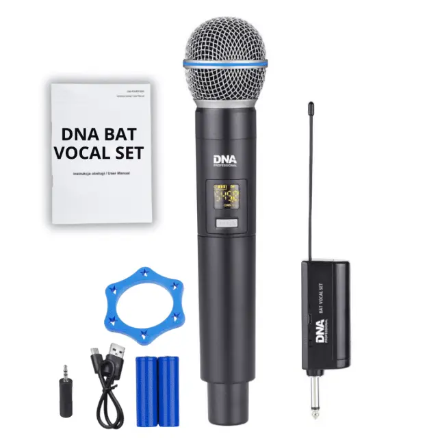 DNA BAT VOCAL SET wireless system battery-powered handheld microphone receiver UHF 518-542 MHz anti-roll ring adapter jack 6.35 mm - jack 3.5 mm 2x windscreen 2