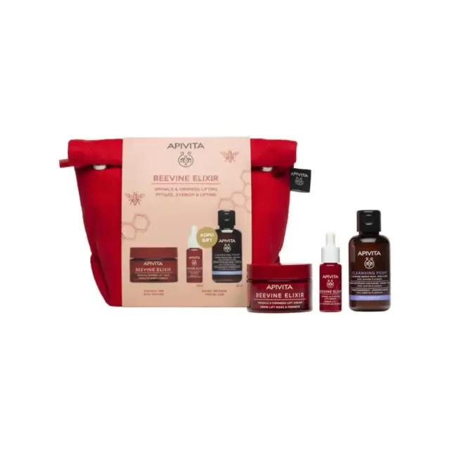 Apivita Promo Beevine Elixir με Beevine Elixir Κρέμα Προσώπου Πλούσιας Υφής για Σύσφιξη & κατά των Ρυτίδων, 50ml & Δώρο Beevine Elixir Serum Ορός Προσώπου για Σύσφιξη & κατά των Ρυτίδων, 10ml, Αφρό Καθαρισμού, 75ml & Nεσεσέρ, 1τεμ, 1σετ