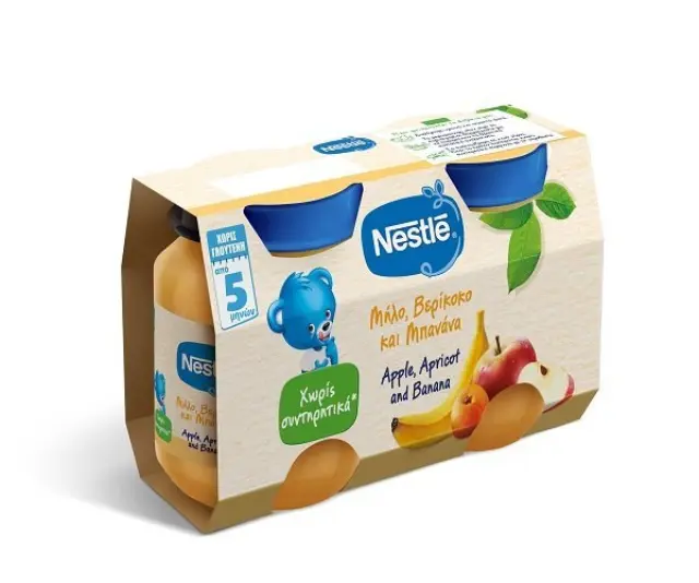Nestlé Παιδική Τροφή Μήλο & Βερύκοκο & Μπανάνα Βρεφικός Πολτός Φρούτων 2x125gr