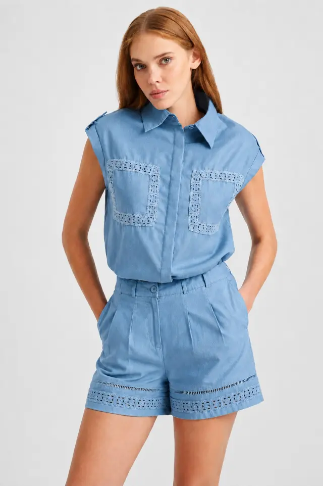 Ψηλόμεσο Σορτς με Δαντελένια Τρέσα NEMEA SHORTS - XS