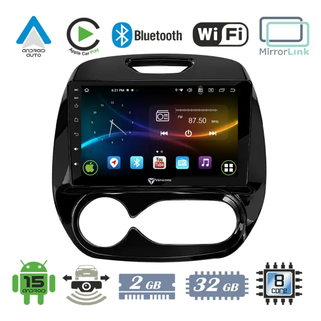 VenCore Οθόνη Multimedia Android 15 9" 9109A MTK6762 Octa-Core 2GB/32GB IPS με Πρόσοψη, CarPlay, Android Auto και Υποστήριξη Κάμερας Οπισθοπορείας AHD για Renault Captur 2013-2019 – Μαύρη (3236-10007-0748B)