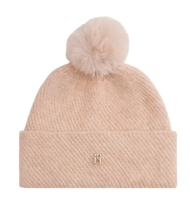 Tommy Hilfiger Γυναικείο Πλεκτό Σκουφάκι Pom Pom Lurex Ροζ