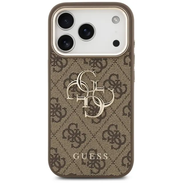 Guess PU Leather 4G Metal Logo Gold Frame Case for iPhone 17 Pro Brown 2