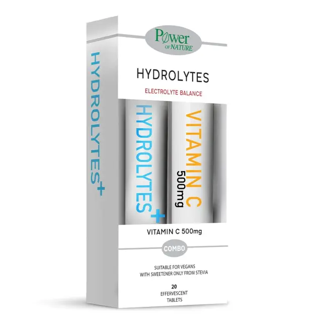 Power Health Hydrolytes with Stevia & Vitamin C 500mg. Συμπλήρωμα Διατροφής Ηλεκτρολυτών με Στέβια & Δώρο Βιταμίνη C, 20 + 20 Αναβράζοντα Δισκία