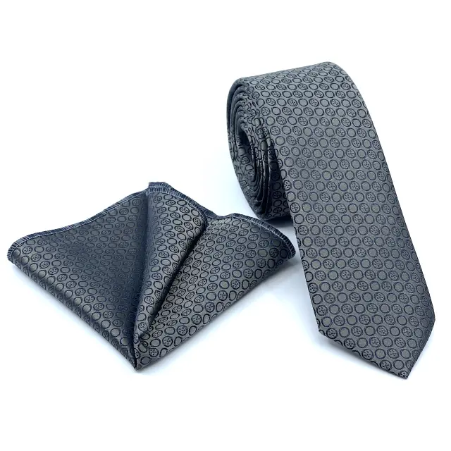 Γραβάτα Microfiber σε Γκρι Μοτίβο Σετ με Μαντηλάκι