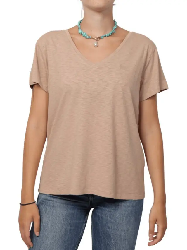 Superdry Γυναικείο T-shirt με V Λαιμόκοψη Μπεζ