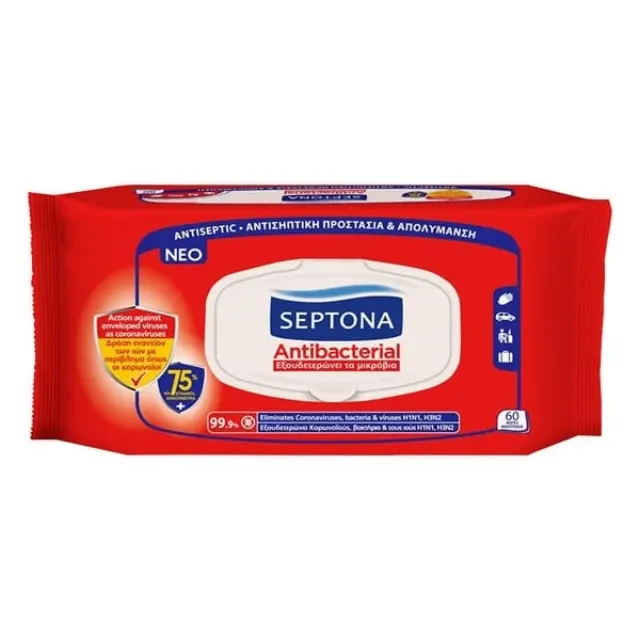 Septona Μαντηλάκια Refresh Καθαρισμού & Απολύμανσης 75% Αιθυλική Αλκοόλη 60 Τεμάχια