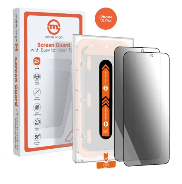Mobile Origin Privacy Screen Guard iPhone 15 Pro with easy applicator, 2 pack