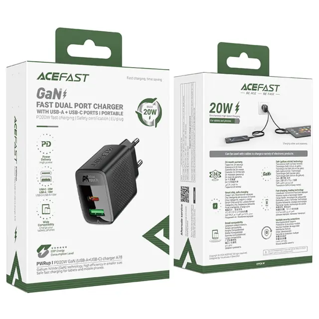Φορτιστής Ταξιδίου Acefast A78 Fast Charging 1xUSB-C 1xUSB-A PD20W QC3.0 GaN Μαύρος 2