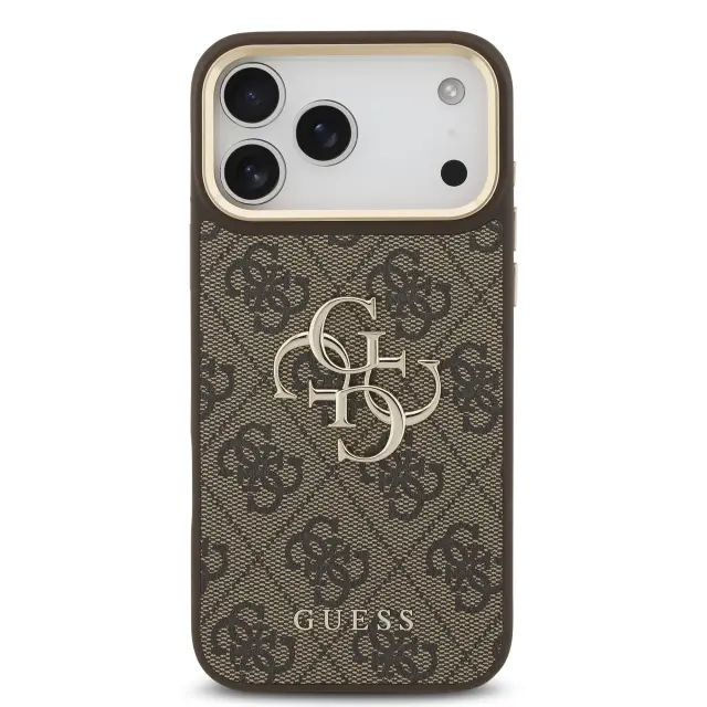 Guess PU Leather 4G Metal Logo Gold Frame Case for iPhone 18 Pro Max Brown 3