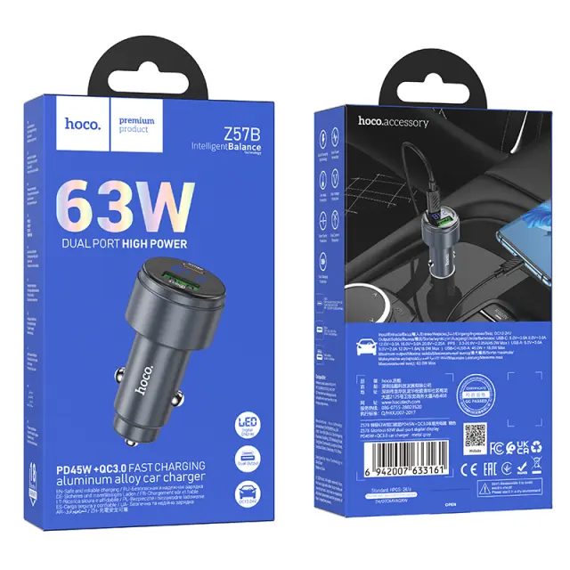 Hoco Φορτιστής Αυτοκινήτου 63W με Θύρες USB-A, USB-C Χωρίς Καλώδιο Μαύρο Z57B