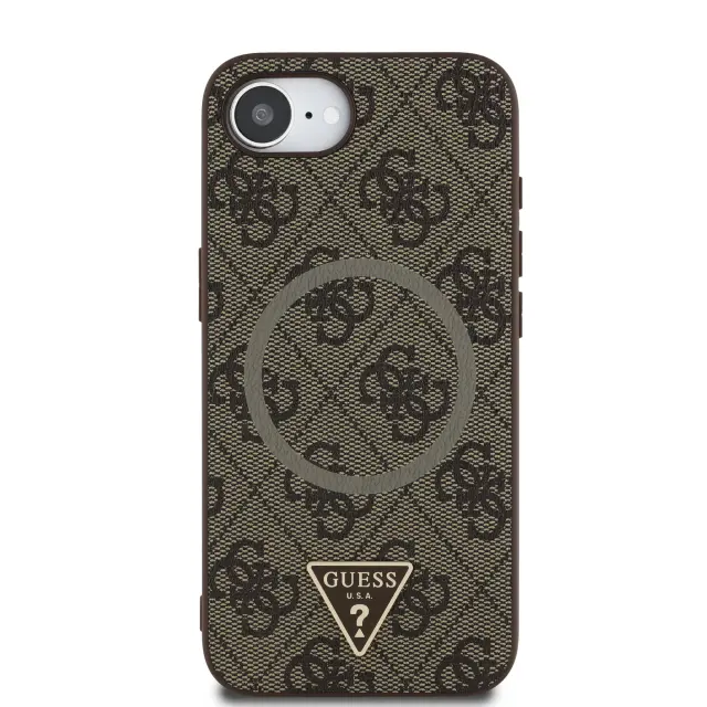 Guess PU 4G Strass Triangle Metal Logo MagSafe Case for iPhone 16e/17e Brown 3