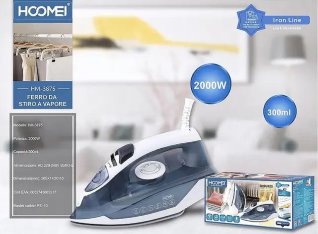 Hoomei HM-3875 Σίδερο Ατμού 2000W με Συνεχόμενη Παροχή 25gr/min και Κεραμική Πλάκα 2