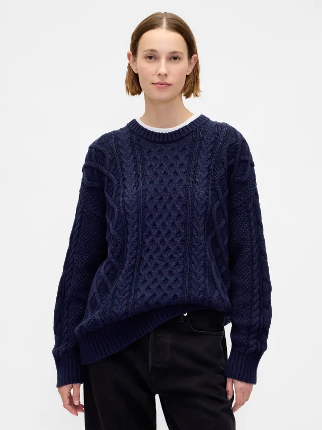 100% Βαμβακερό Oversized Cable-Knit Πουλόβερ Dark navy blue