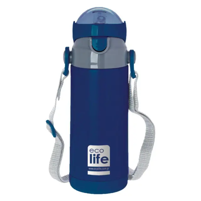 Ecolife Kids Thermos Navy Blue Ανοξείδωτο Παγούρι Θερμός με Καλαμάκι 400ml