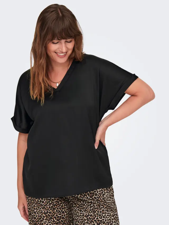 Μπλούζα σατέν κοντομάνικη plus size - Μαύρο - 44 2