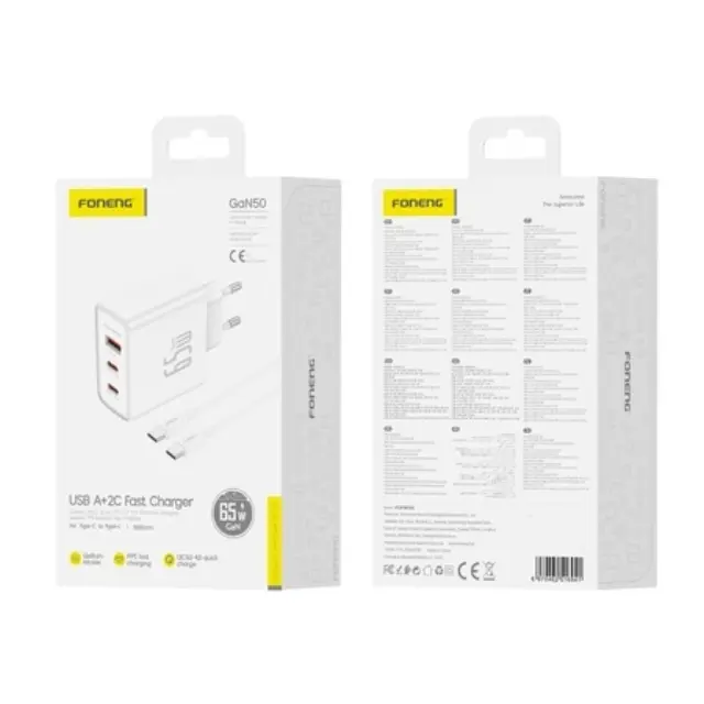 FONENG wall charger Gan50-EU GaN PD 65W 2xUSB-C + 1xUSB QC3.0 + cable USB-C - USB-C White