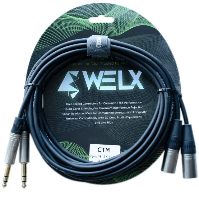 WELX Premium 2 X FEMALE XLR to 2 X MALE 6.5mm TRS JACK Cable – 3m (CTM) (Black)