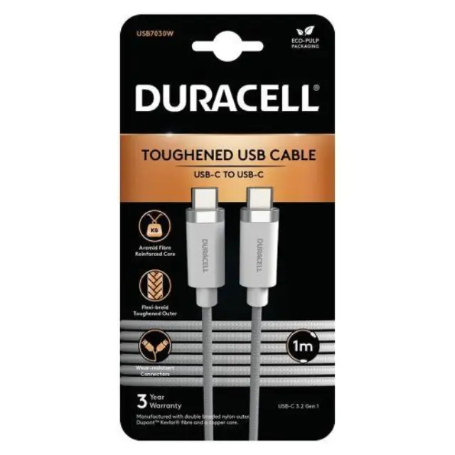 Καλώδιο Σύνδεσης USB 3.2 Duracell Braided Kevlar USB C σε USB C 60W 1m Λευκό N57516