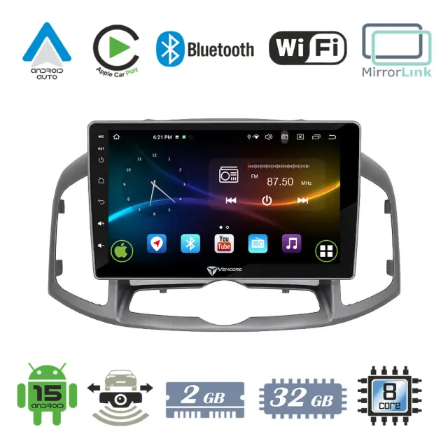 VenCore Οθόνη Multimedia Android 15 9" 9109A MTK6762 Octa-Core 2GB/32GB IPS με Πρόσοψη, CarPlay, Android Auto και Υποστήριξη Κάμερας Οπισθοπορείας AHD για Chevrolet Captiva 2012-2016 – Ασημί (3236-10007-0703S)