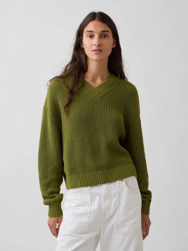 Γυναικείο Πουλόβερ σε Oversized Γραμμή με V-Λαιμόκοψη από 100% Βαμβάκι Peat moss green