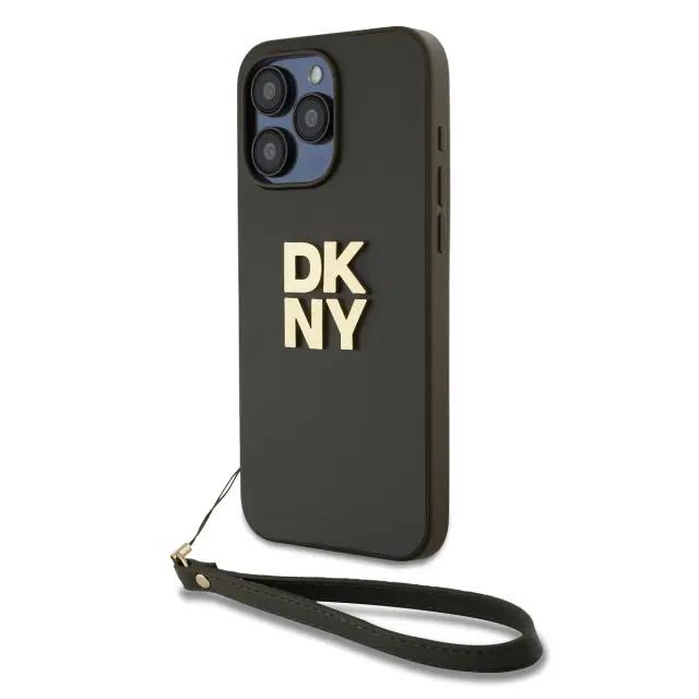 DKNY PU Leather Stack Logo Wrist Strap Case for iPhone 14 Pro Max Brown 2