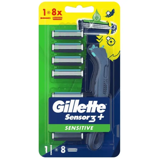 Gillette Ανδρική Ξυριστική Μηχανή με Εργονομική Λαβή & 8 Ανταλλακτικές Κεφαλές Sensor3+ Sensitive