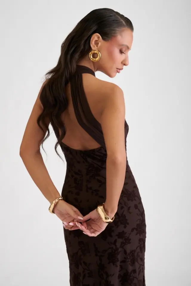 Maxi φόρεμα halter με floral βελούδινο σχέδιο - Καφέ - ONESIZE 3