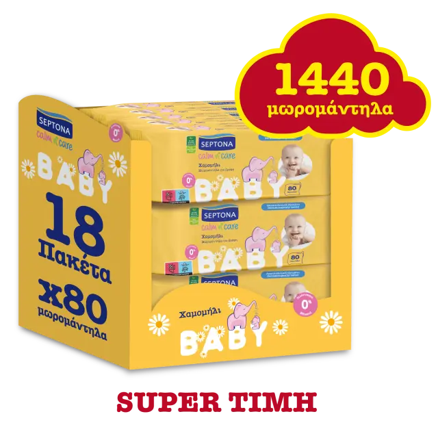 Septona Calm n’ Care Baby Wipes Chamomille Monthly Pack Απαλά Μωρομάντηλα με Χαμομήλι , 18x80τεμ ΧΩΡΙΣ ΚΑΠΑΚΙ