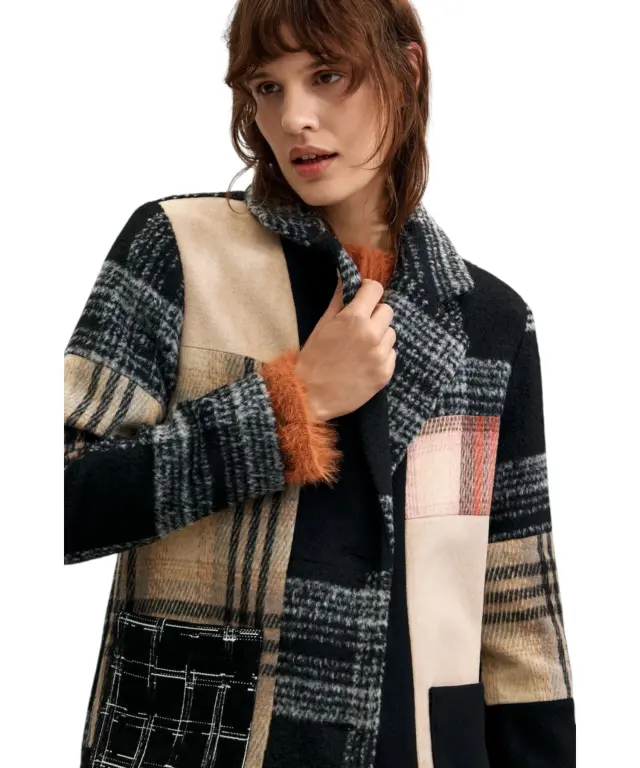 Desigual - Γυναικείο Μακρύ Παλτό Parches 26WWEW23-2000 Μαύρο/Μπεζ 3