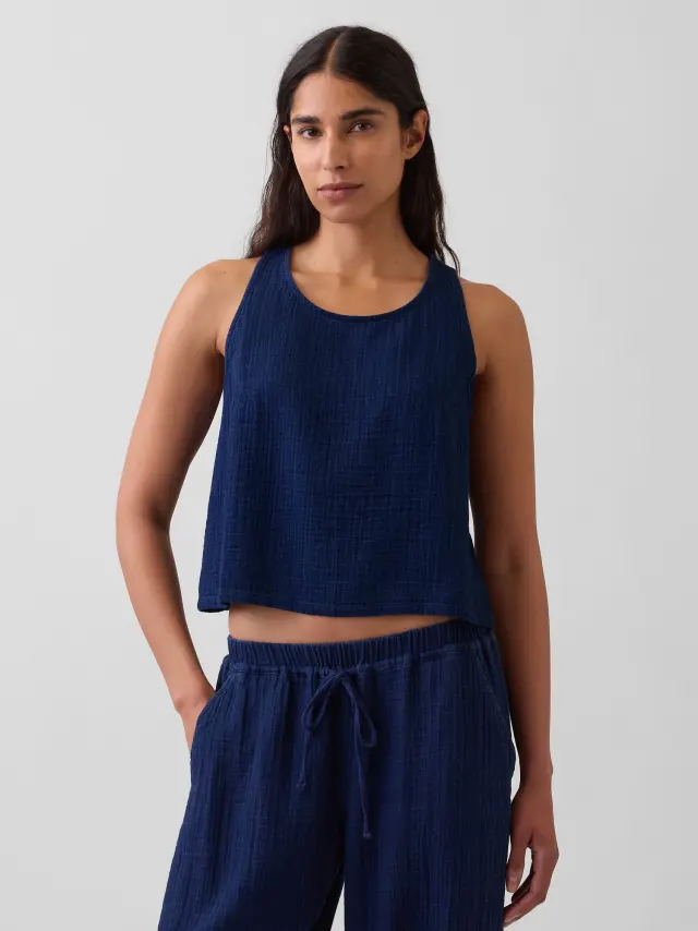 Γυναικείο Αμάνικο Τοπ από Βαμβακερή Γάζα Tapestry navy blue wash - XS