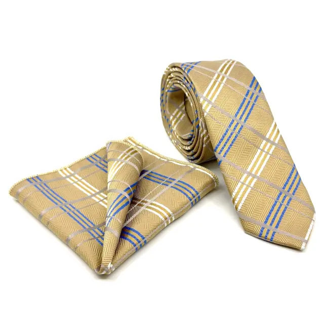 Χρυσαφί–Μπλε Γραβάτα Καρό Microfiber Σετ με Μαντήλι 6,5 cm