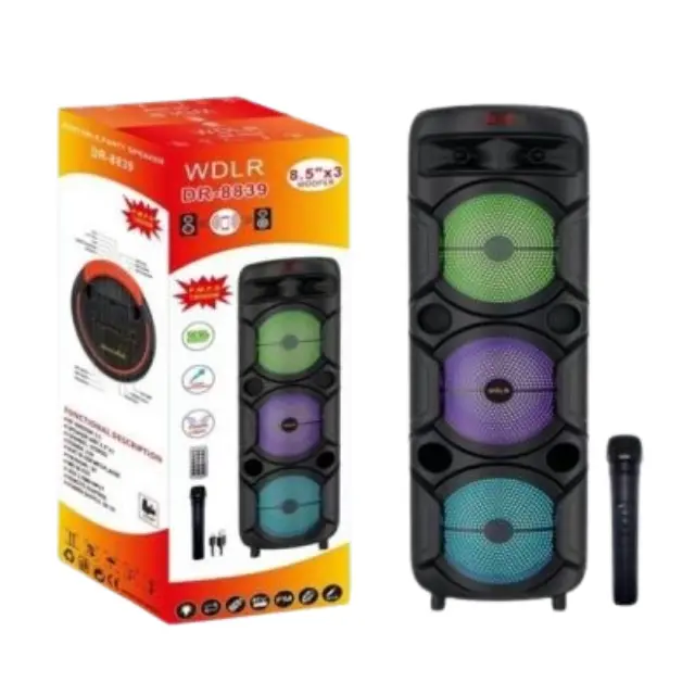 Ασύρματο τριπλό ηχείο Karaoke Partybox Bluetooth, ηχείο subwoofer 25W 3×8.5″ με ασύρματο μικρόφωνο, τηλεχειριστήριο και RGB φωτισμό DR-8839