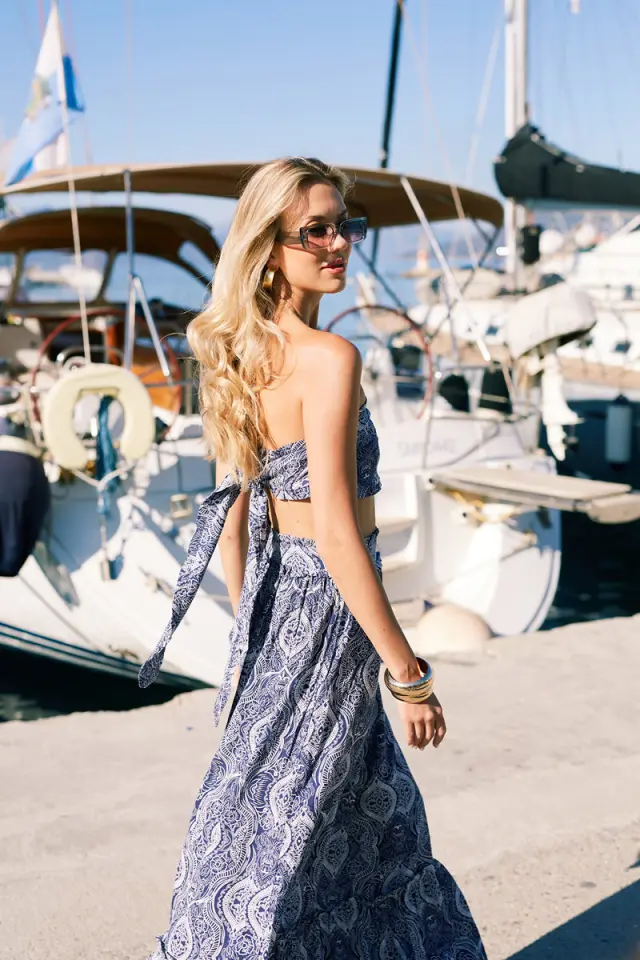 Strapless Τοπ από Τυπωμένο Λινό με Βολάν και Δέσιμο στην Πλάτη SUKI - XL