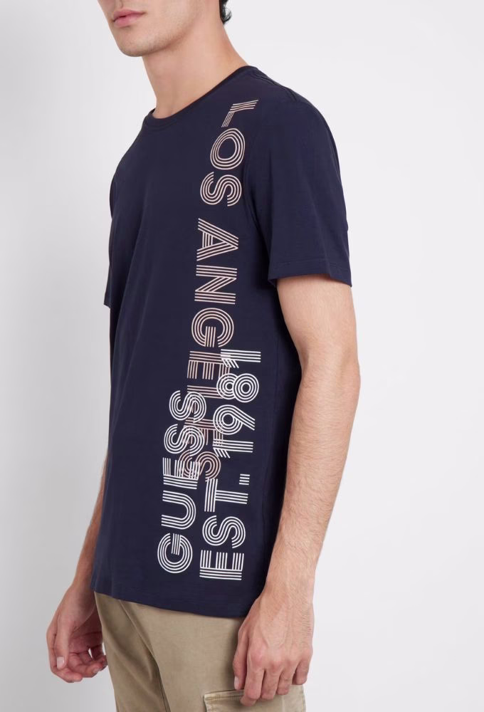 Guess Ανδρικό Ελαστικό Τ-shirt Μπλέ Σκούρο με Λογότυπο στο Πλάι Μπλε Σκούρο 2