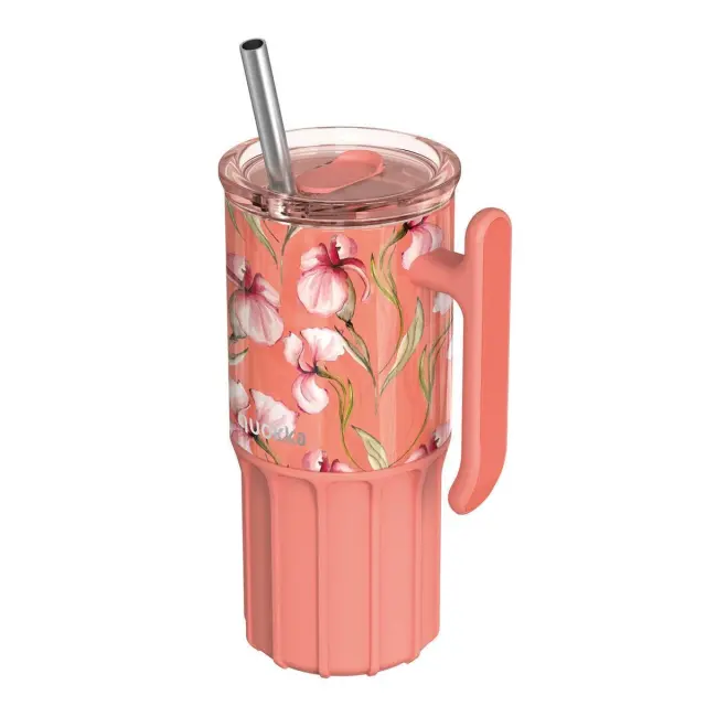 Quokka Κούπα Θερμός Ανοξείδωτο 720ml Floral Coral με Καλαμάκι και Λαβή-40088