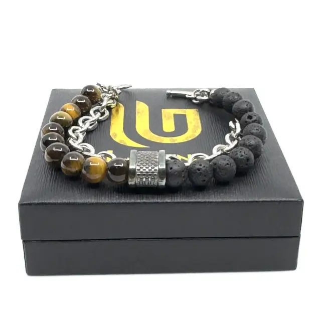 Tiger Eye Lava Stone Βραχιόλι με Ασημί Αλυσίδα 2