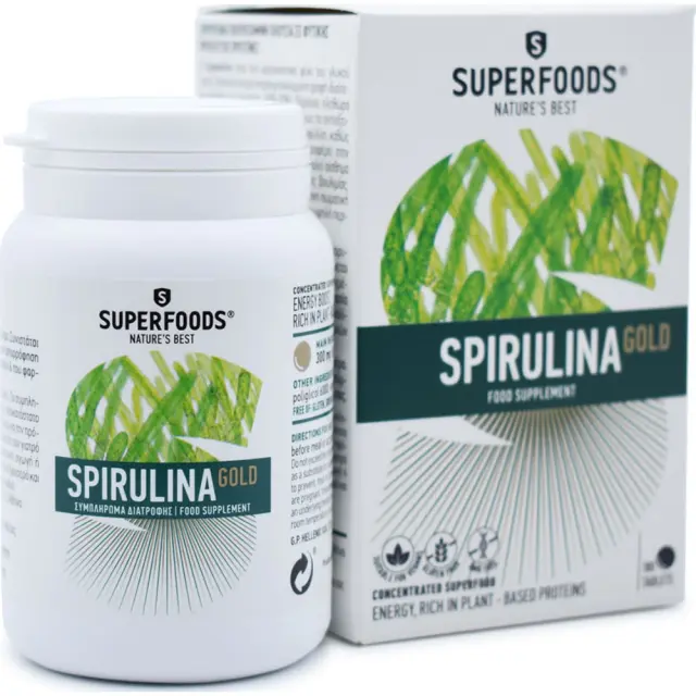 SUPERFOODS Spirulina Gold Σπιρουλίνα Συμπλήρωμα Διατροφής για Ενέργεια, Αντοχή & Αίσθημα Κορεσμού, 180 veg. caps 2