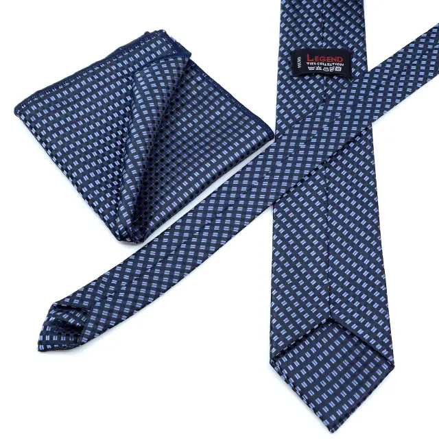 Γραβάτα Microfiber σε Μπλε Μοτίβο Σετ με Μαντηλάκι 3