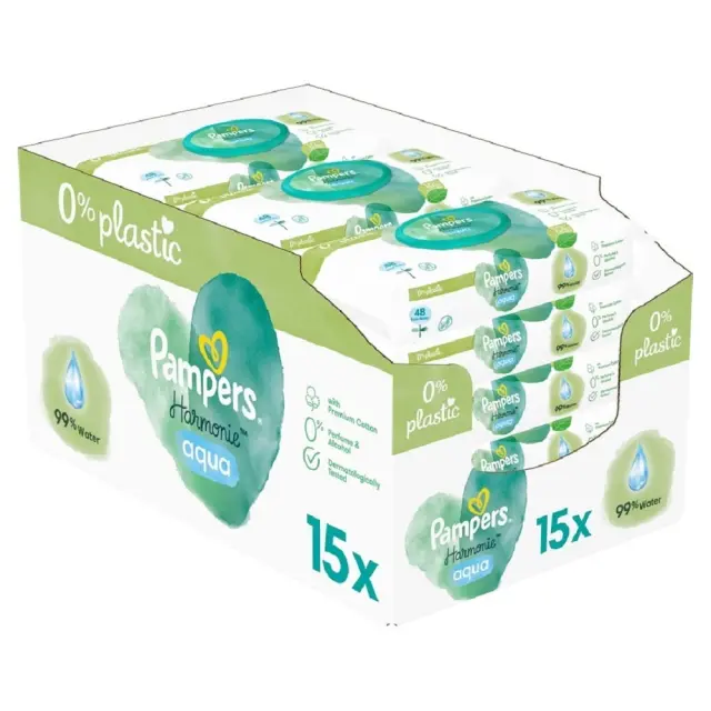 Pampers Harmonie Aqua Μωρομάντηλα με 99% Νερό, χωρίς Οινόπνευμα + Άρωμα 15x48τμχ