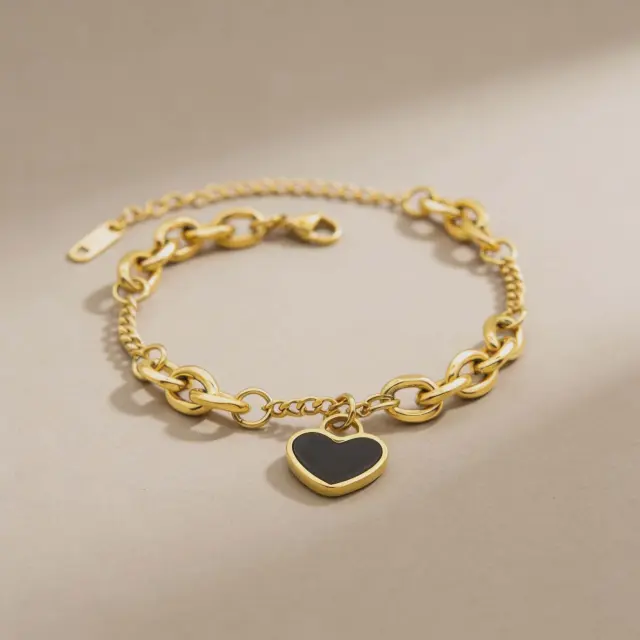 Gold Stainless Steel Bracelet with Black Heart Charm