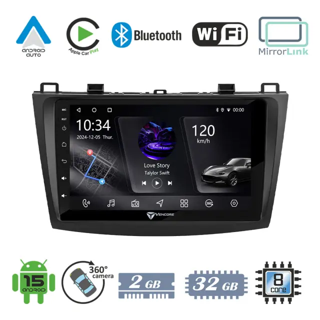VenCore Οθόνη Multimedia Android 15 9" PX5S Octa-Core 2GB/32GB IPS με Πρόσοψη, CarPlay, Android Auto και Υποστήριξη Κάμερας 360° για Mazda 3 2009-2014 – Μαύρη (3236-10005-0228B)
