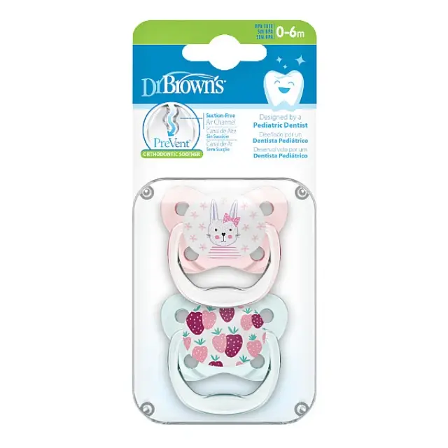 Dr. Brown's Σετ 2τμχ. Prevent Orthodontic Soother Πιπίλα Σιλικόνης με Σχέδια 0-6m - Κορίτσι - PV12302