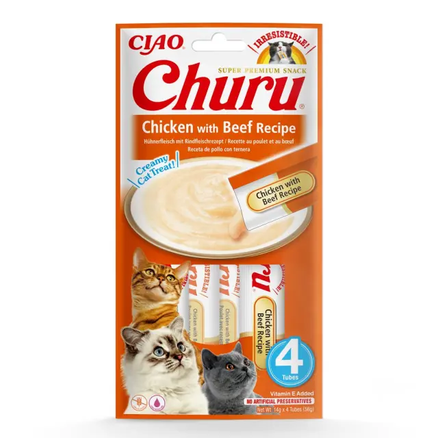 Ciao Churu Λιχουδιά σε Κρέμα με Γεύση Κοτόπουλο & Μοσχάρι για Γάτες (4x14gr) Μονόχρωμο