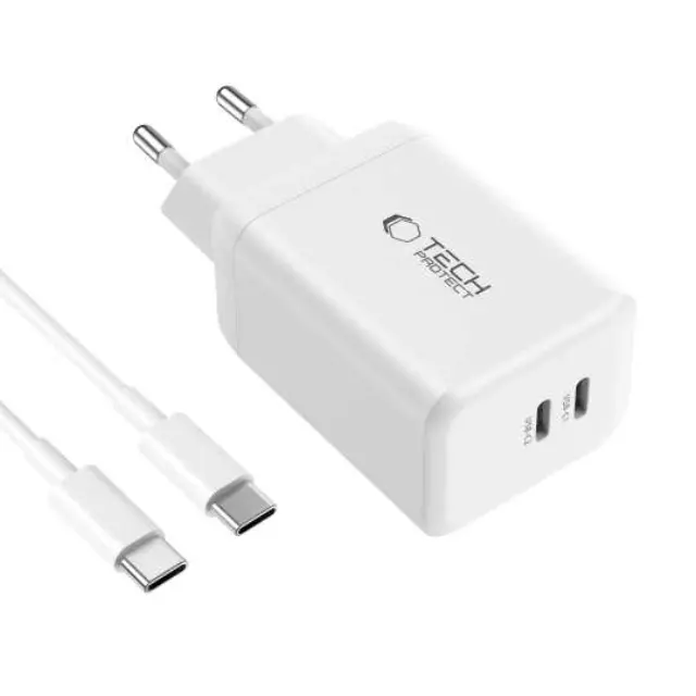 Tech-protect Nc45w-gan 2-port Network Charger Pd45w + Type-c Cable White 2