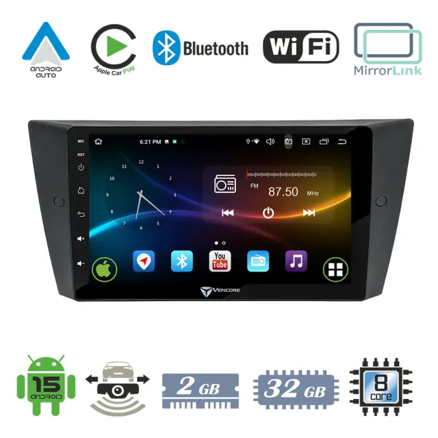 VenCore Οθόνη Multimedia Android 15 9" 9109A MTK6762 Octa-Core 2GB/32GB IPS με Πρόσοψη, CarPlay, Android Auto και Υποστήριξη Κάμερας Οπισθοπορείας AHD για BMW 3 Series Lite 2006-2011 – Μαύρη (3236-10007-0751B)
