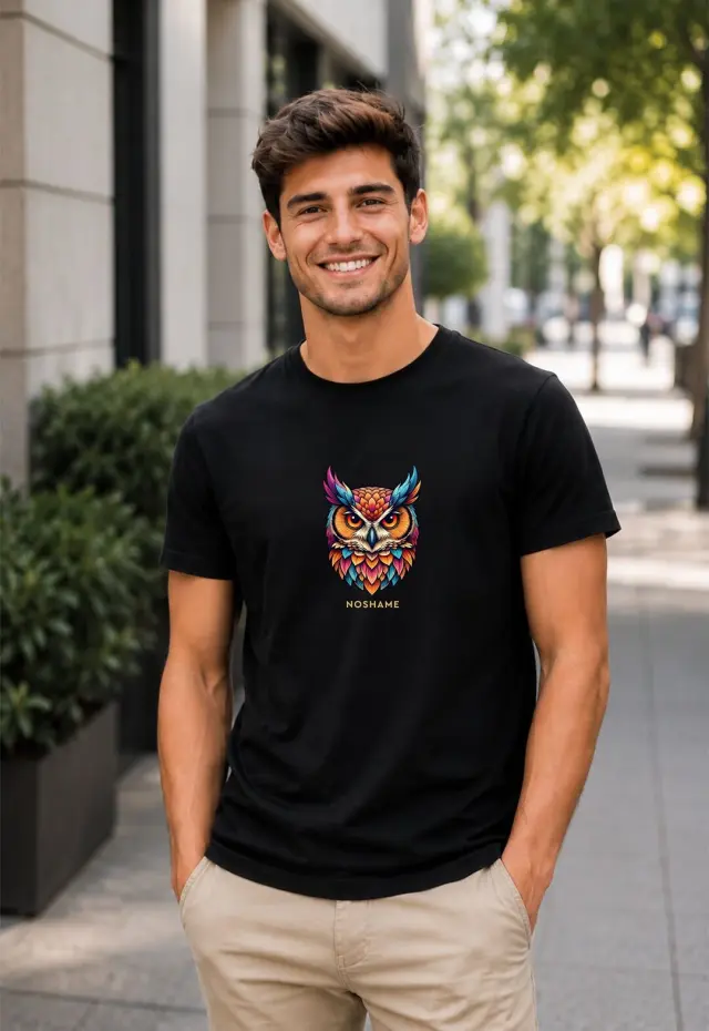 T-shirt Noshame® Μαύρο με τύπωμα Owl - 152687 - XXL