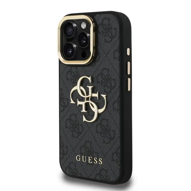 Guess PU 4G Metal Logo Stand Camera Frame Case for iPhone 15 Pro Black 2